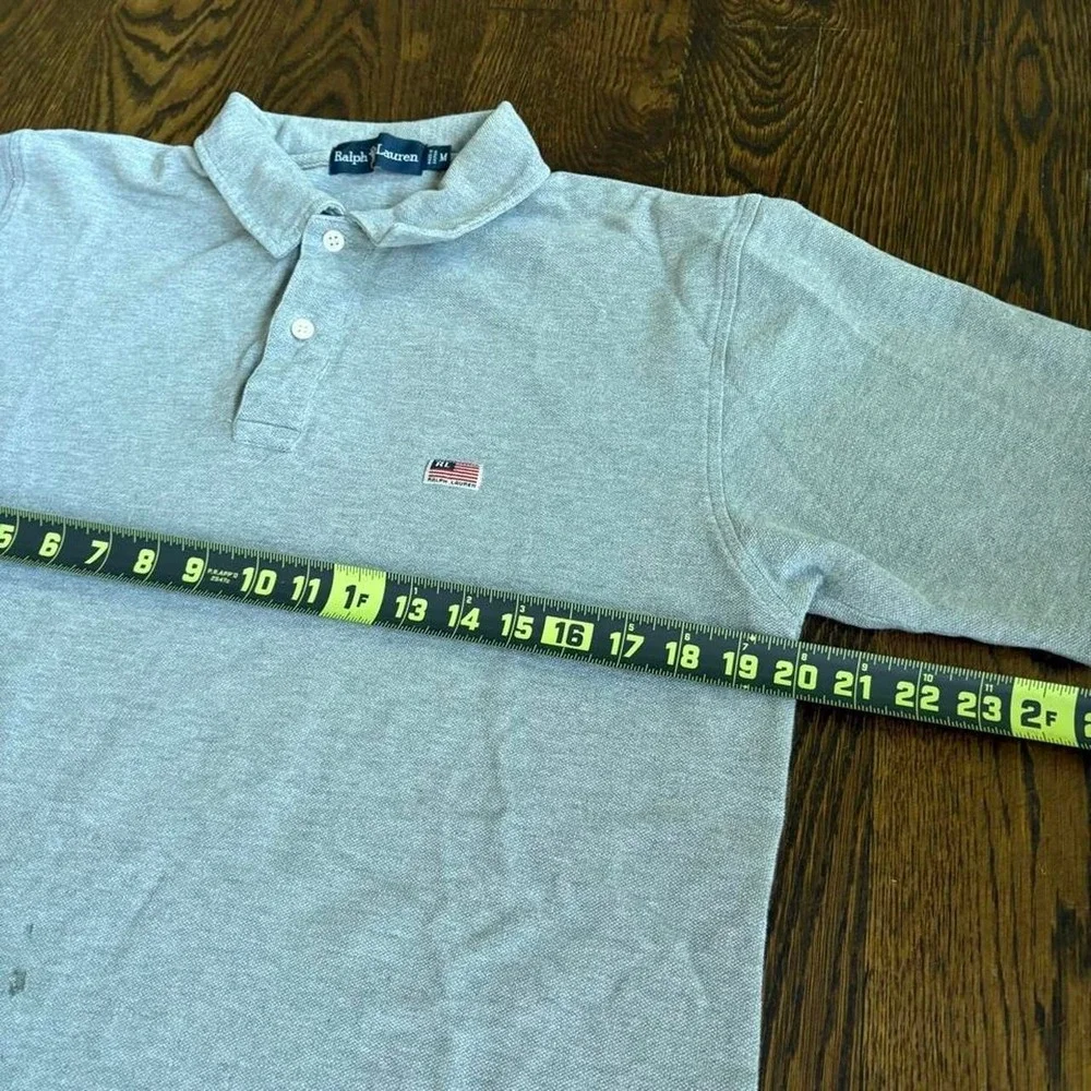 Vintage 90s Ralph Lauren Grey Heavyweight Preppy USA Flag Patch Polo Shirt M